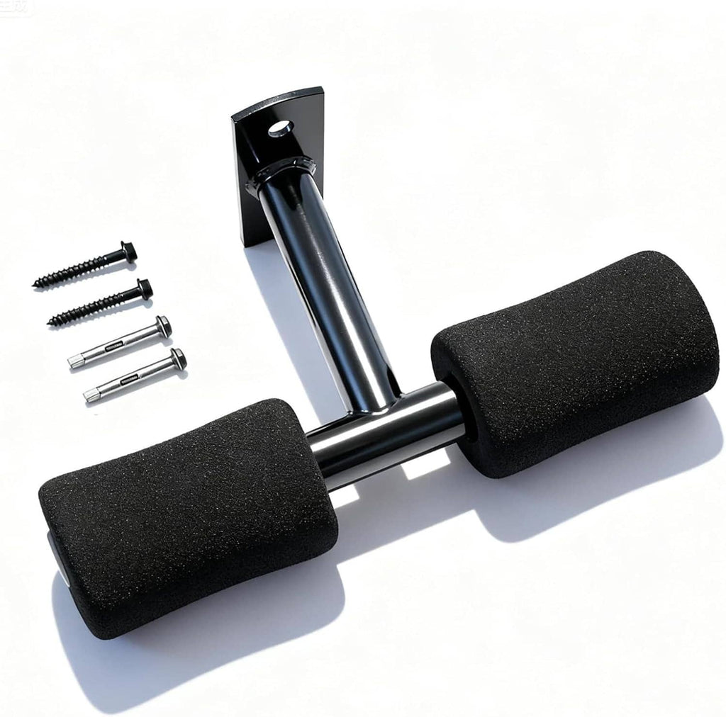 Wall mount sit-up foot holder kit: black foam pads, silver bar, and hardware.