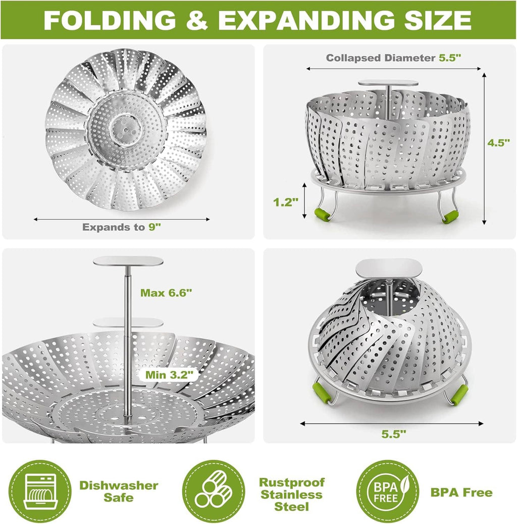 Foldable stainless steel steamer basket with perforated bowl and green silicone feet
