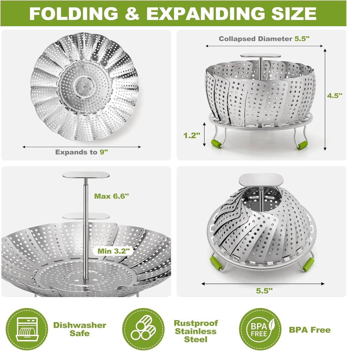 Foldable stainless steel steamer basket with perforated bowl and green silicone feet