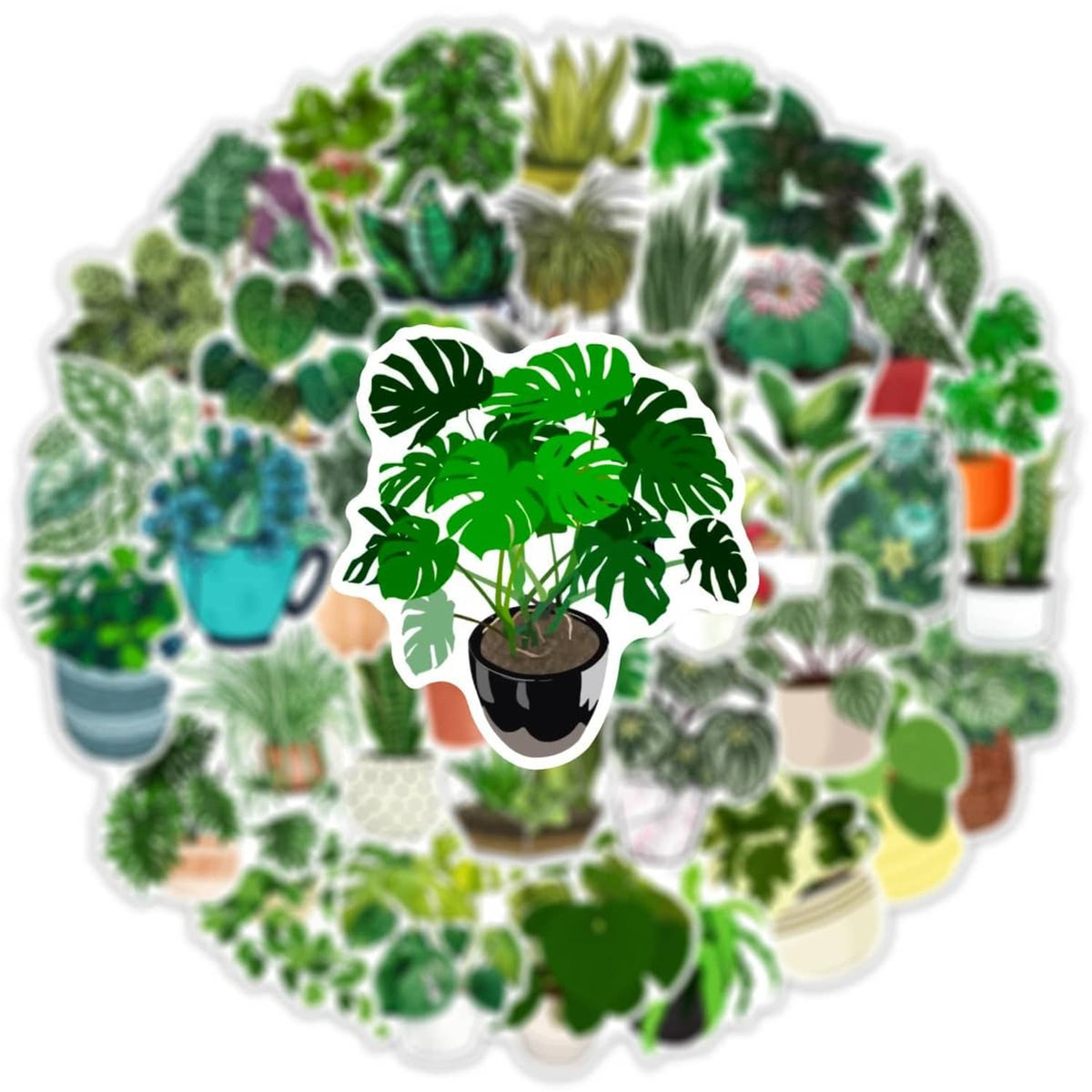 Round sticker set with cactus in a black pot, surrounded by green plant decals