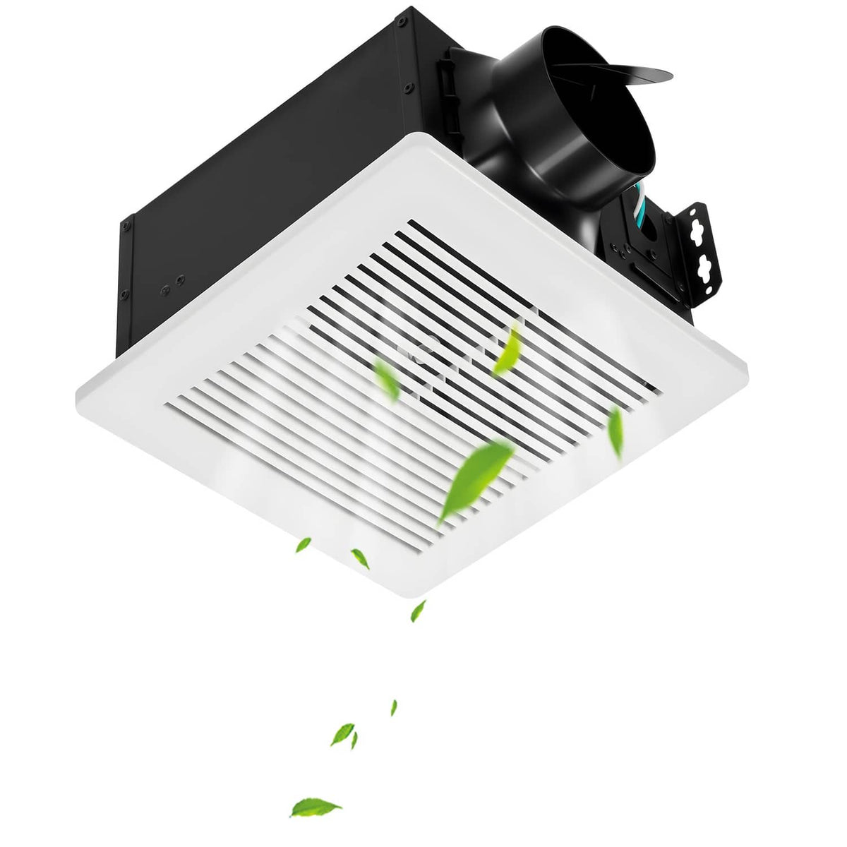 Bathroom ventilation fan showing black fan motor behind white grille with airflow
