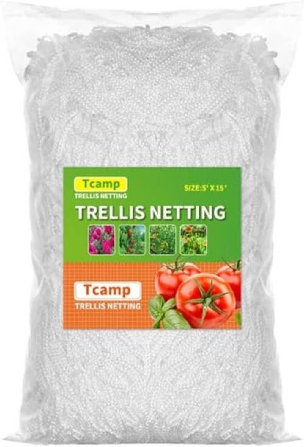 White trellis netting bag with green and orange label, mesh trellis for plants
