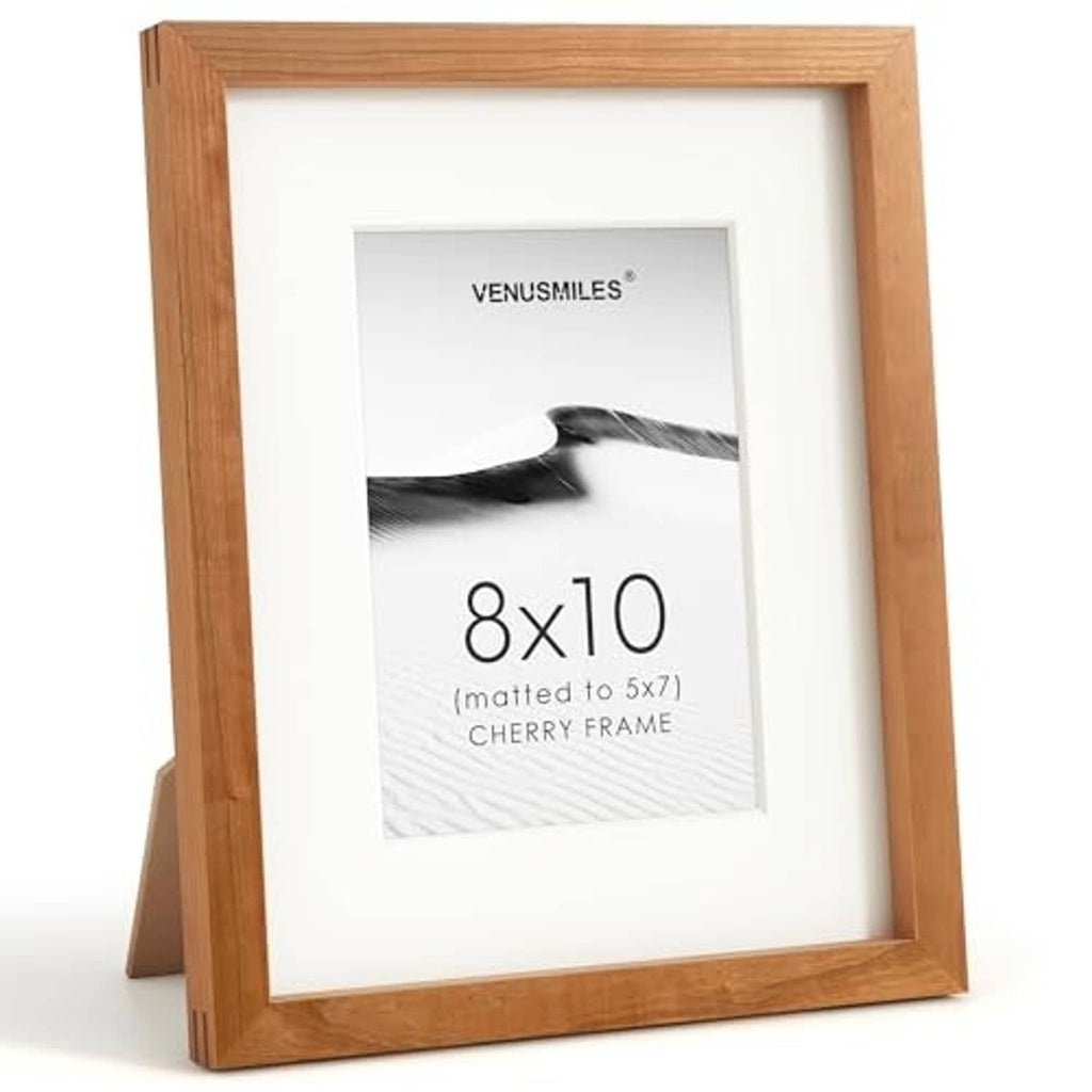 Natural cherry 8x10 picture frame with white mat and clear glass, front view
