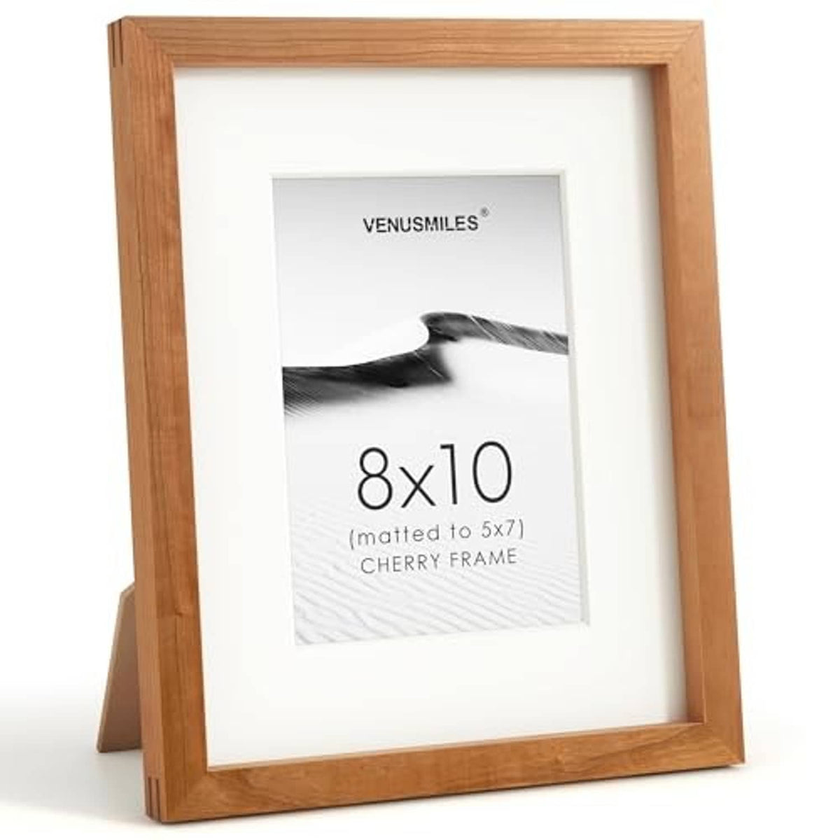 Natural cherry 8x10 picture frame with white mat and clear glass, front view