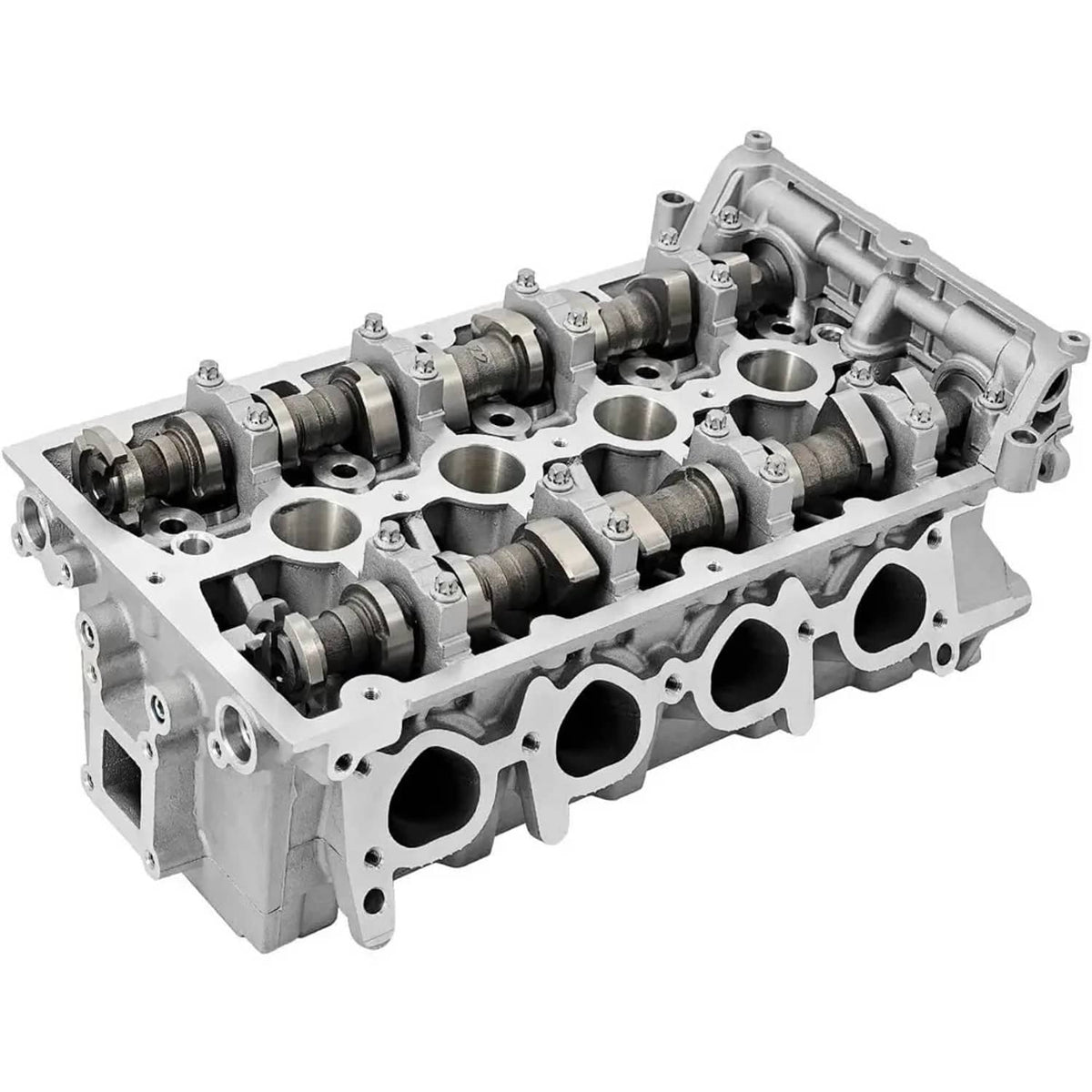 Cylinder head with camshafts installed and circular intake ports visible