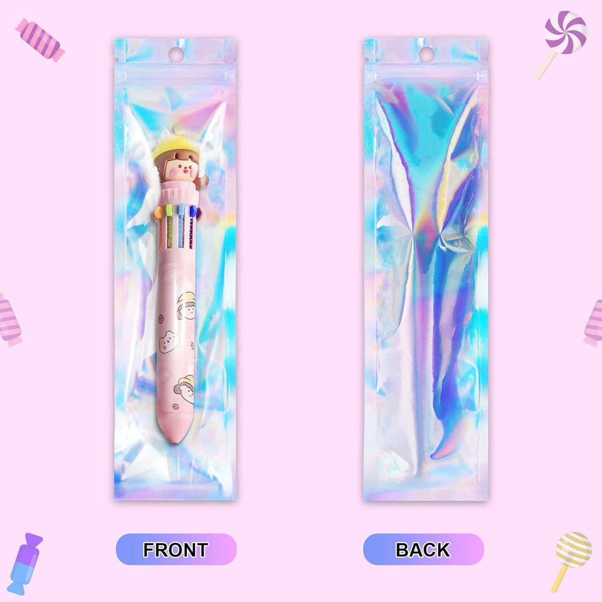 Holographic mylar pen bags, front and back views with hanging hole