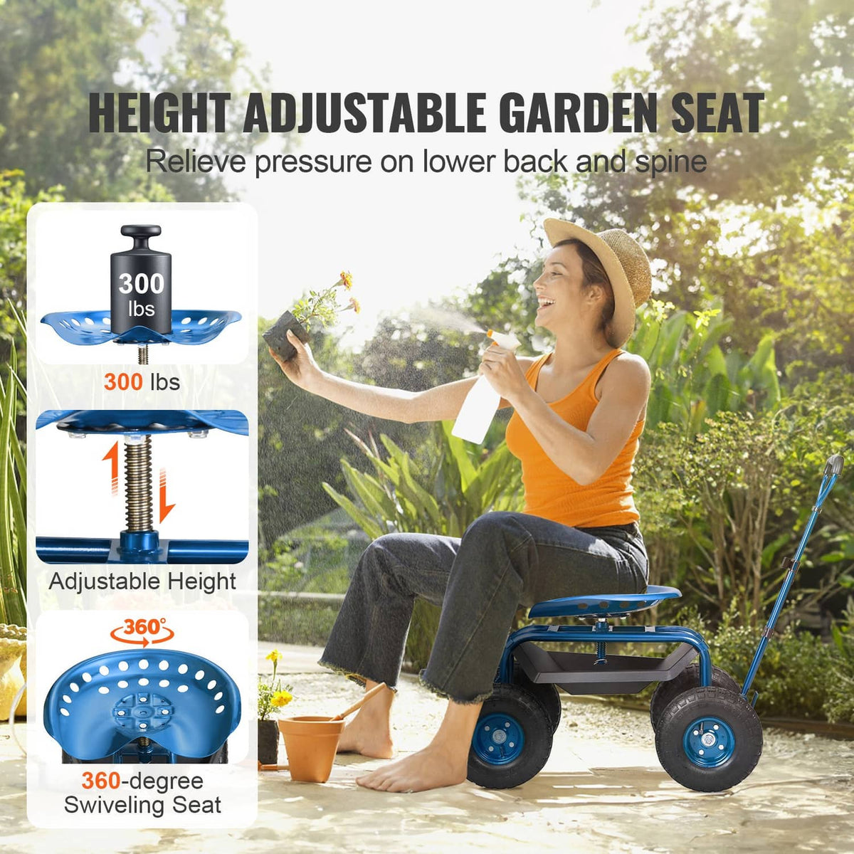 Blue rolling garden cart with height-adjustable seat and four swiveled wheels