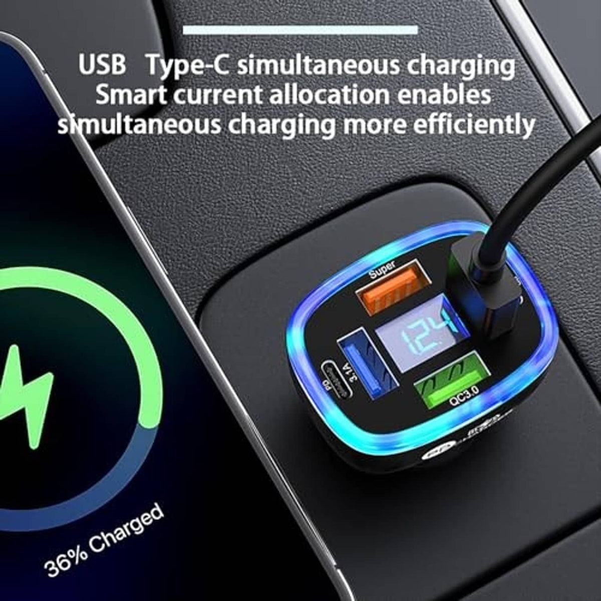 Car USB-C charger with blue LED bezel, digital display, and charging cable connection