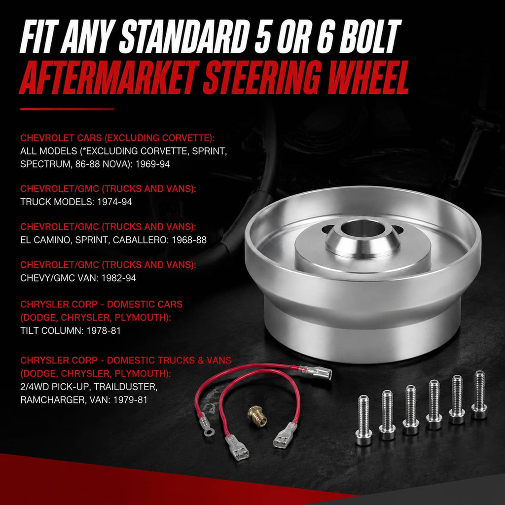 Aluminum steering wheel hub adapter with bolt set and wiring harness