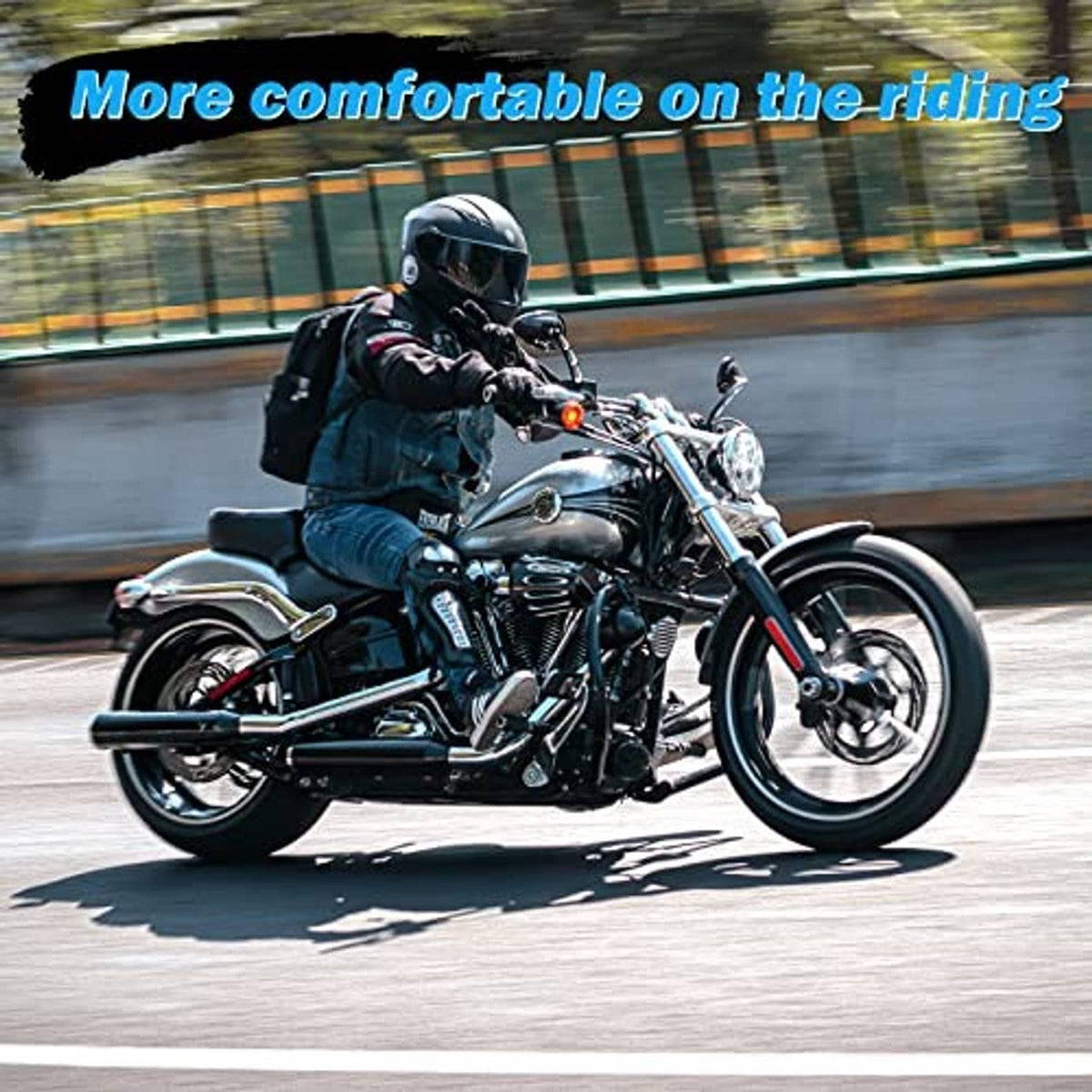 Motorcycle with rider and highway foot pegs on the side controls, road ride scene