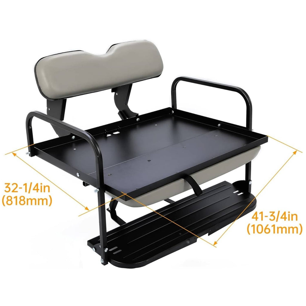 Golf cart rear flip seat kit with gray cushions, black base platform, and armrests