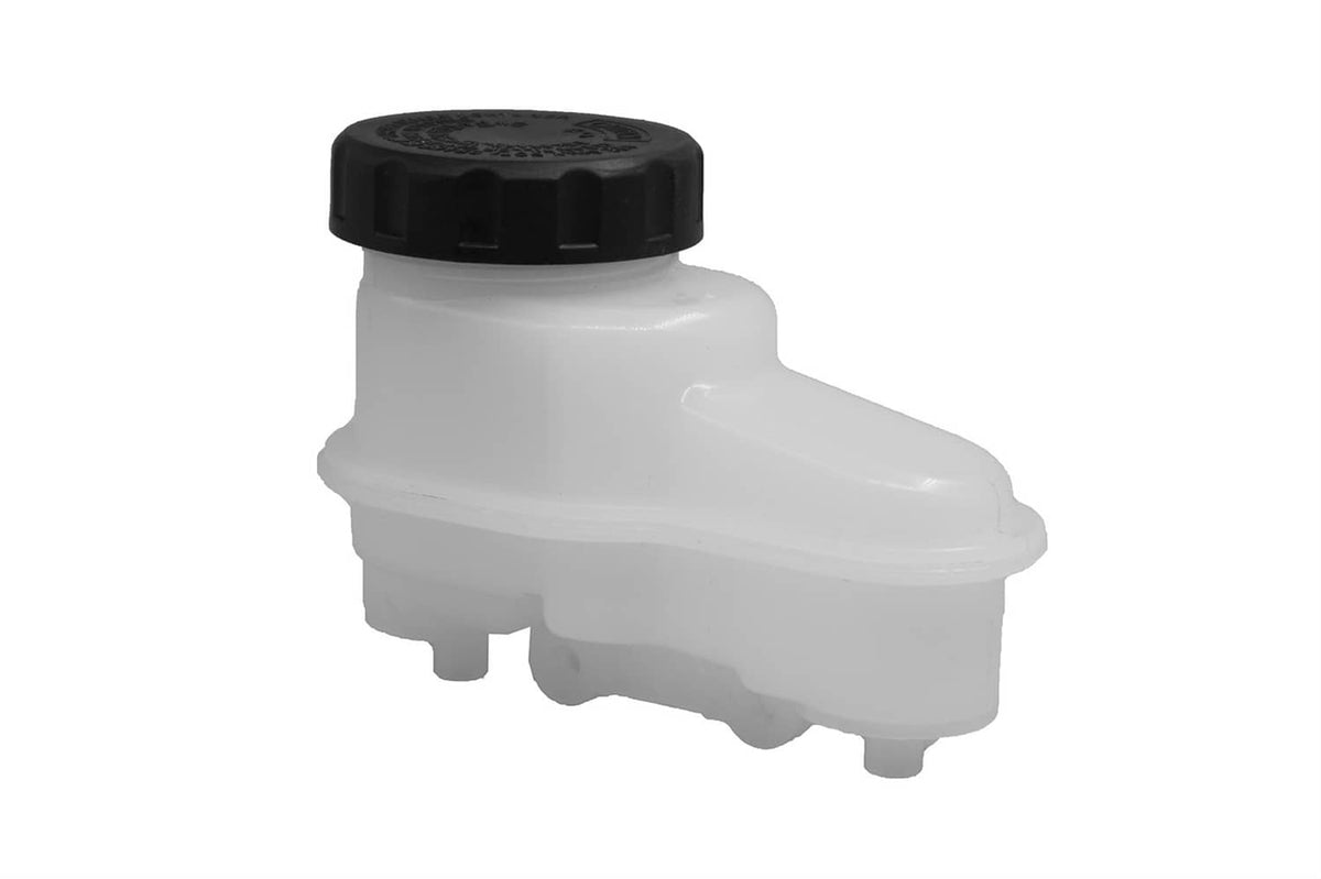 White brake master cylinder reservoir with black cap and mounting ports