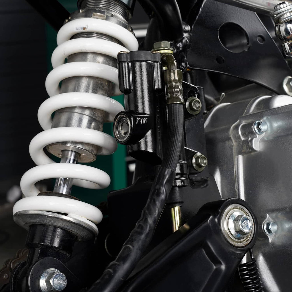 Installed black brake master cylinder beside rear suspension spring