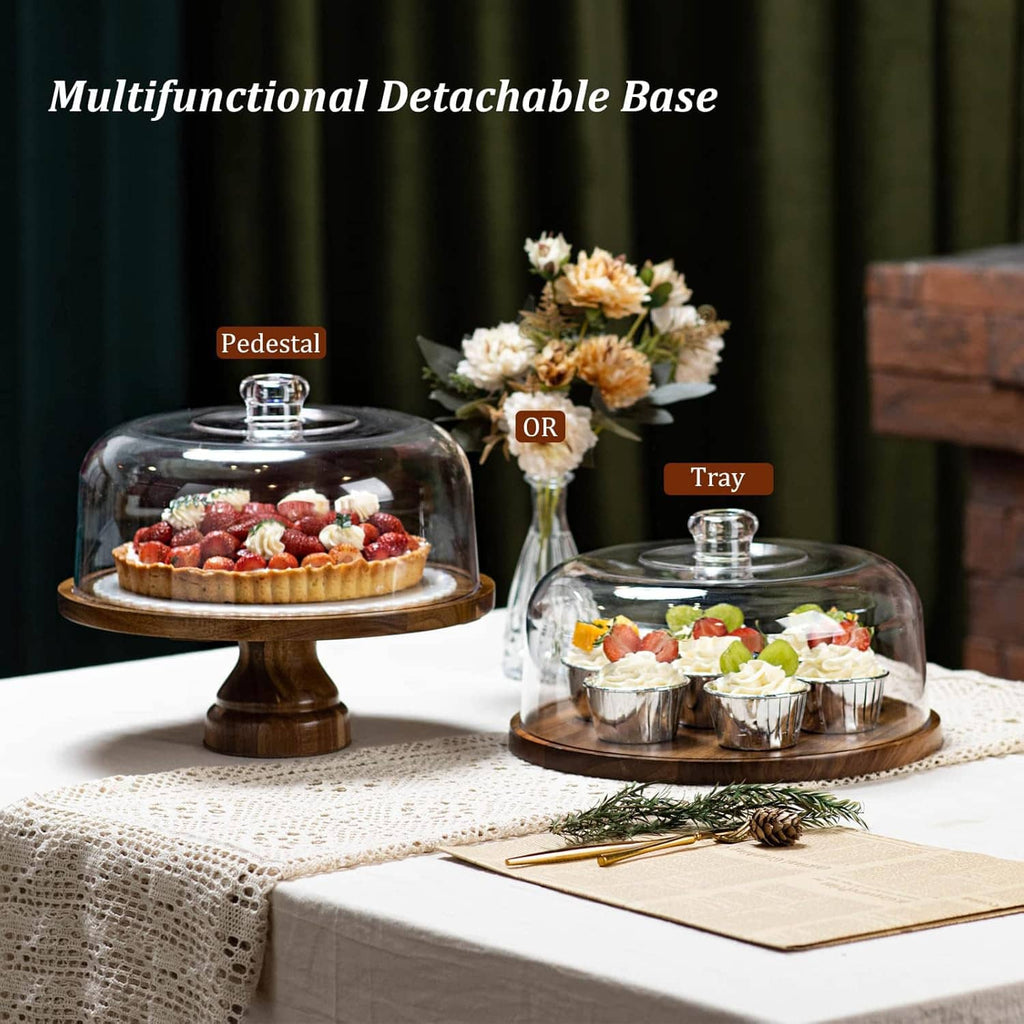 Acacia cake display with detachable pedestal and tray, each with clear dome lid
