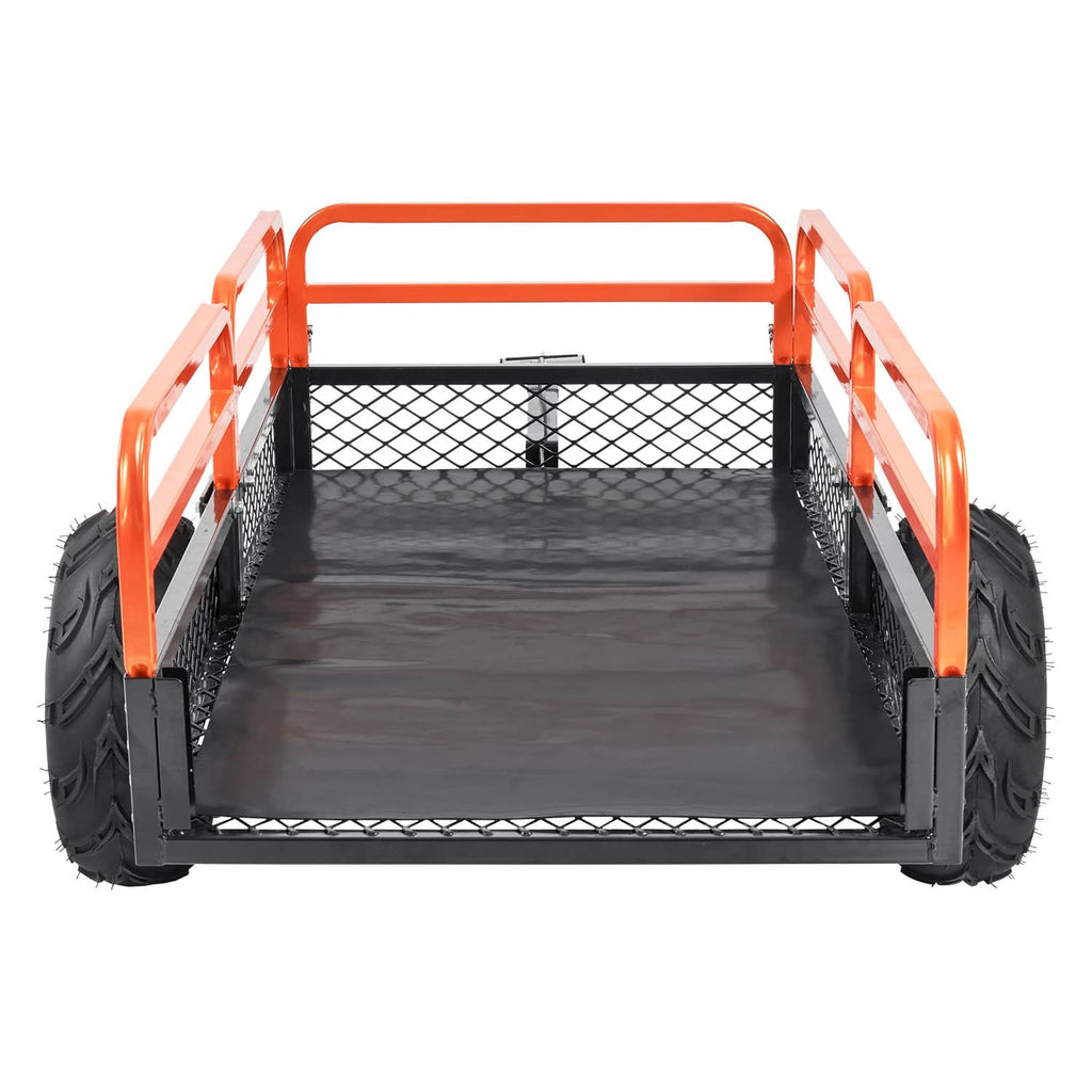 Tow-behind dump cart with black bed and orange frame, mesh sides, two large tires