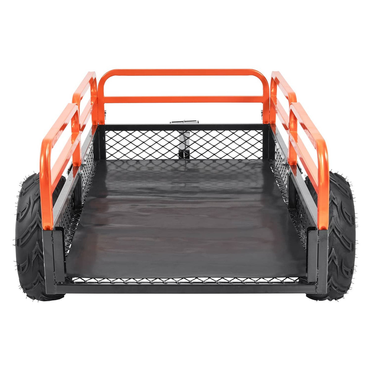 Tow-behind dump cart with black bed and orange frame, mesh sides, two large tires