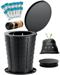 Black height-adjustable folding portable toilet with open seat, lid, and included gel packs