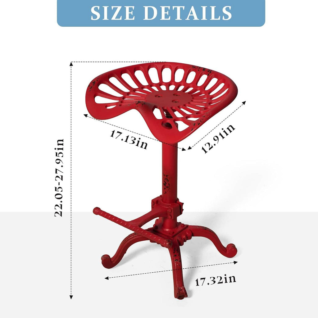 Red perforated tractor seat and height-adjustable stool base with dimension markers