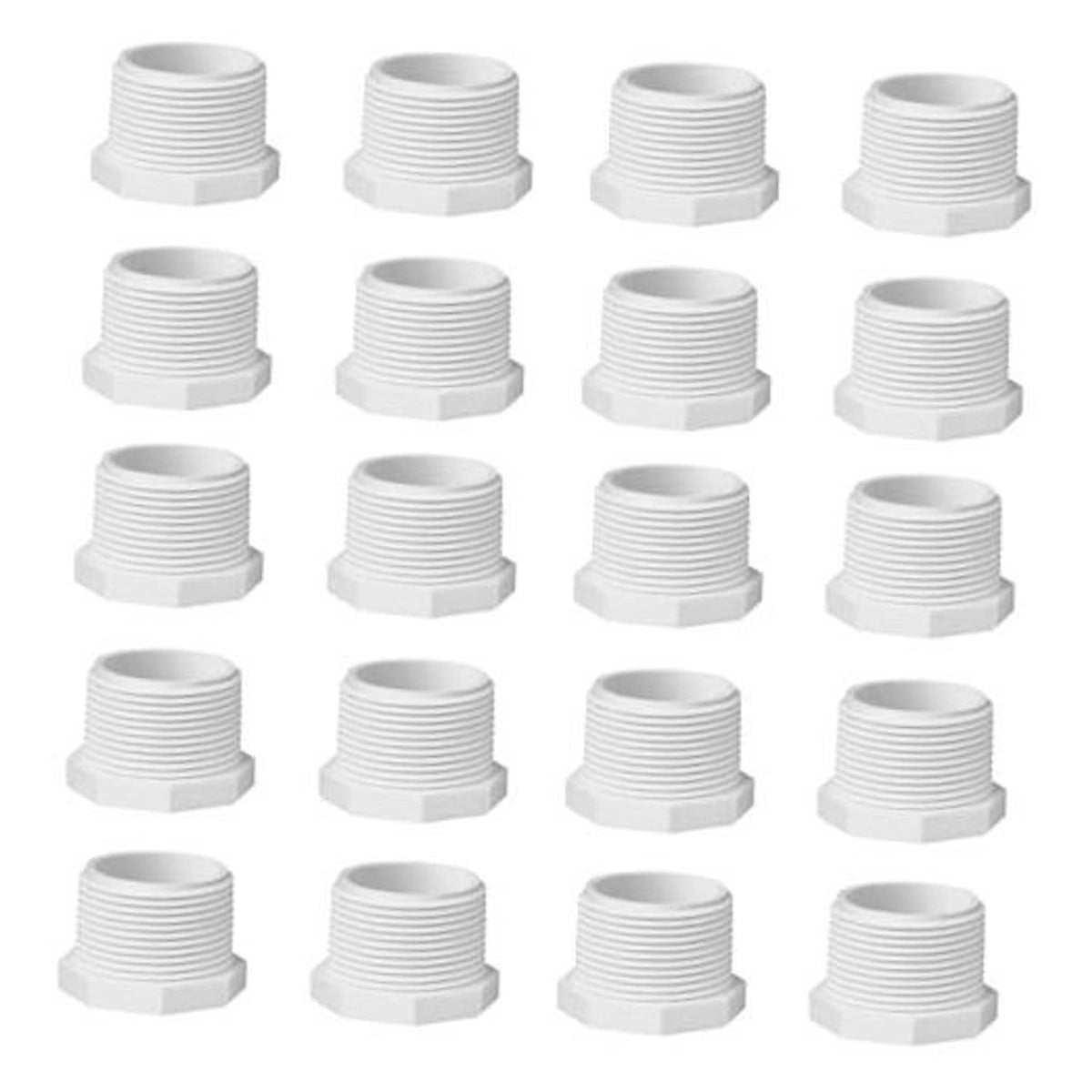 Set of white PVC male threaded cleanout plug drain end caps, hex couplings with ridges
