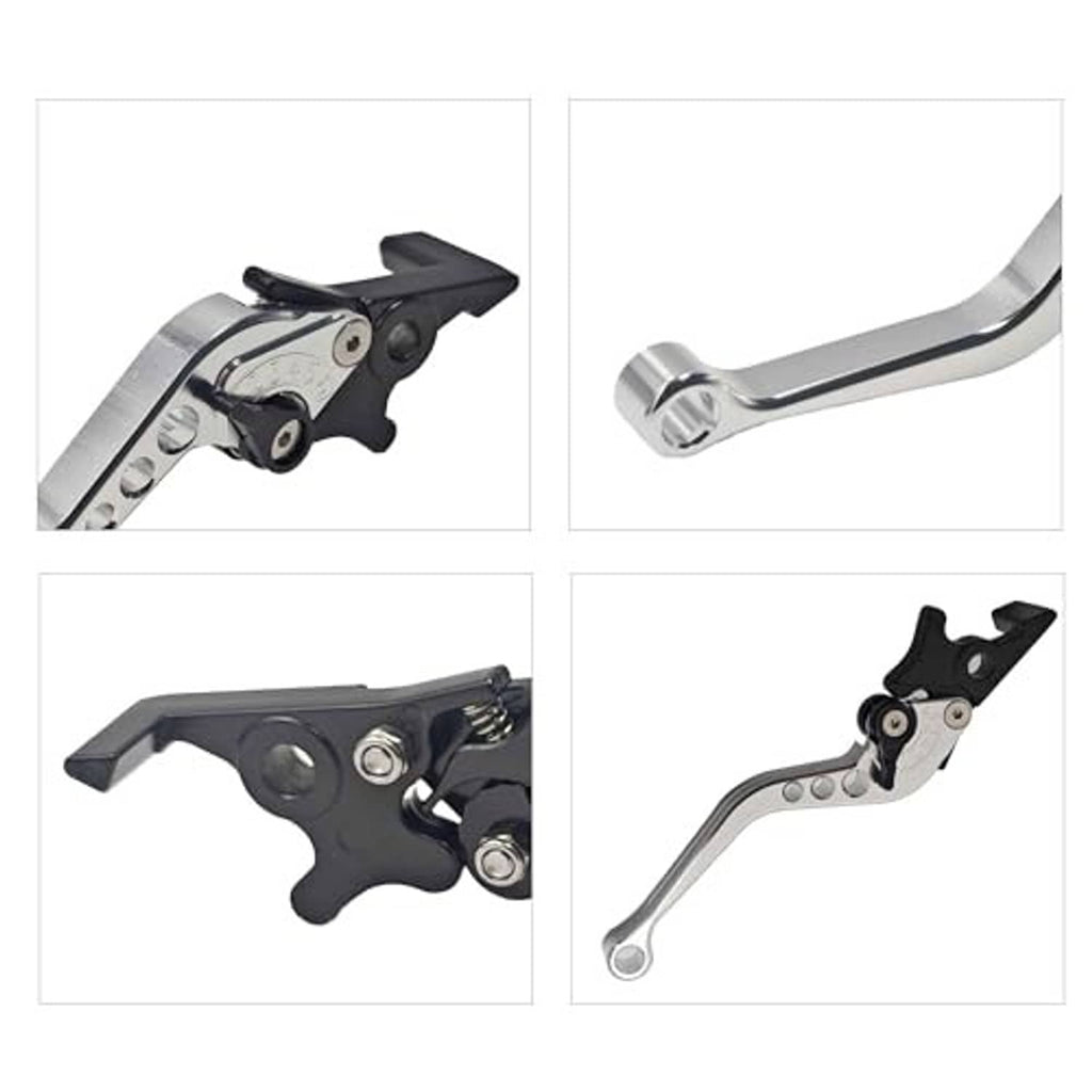 Silver motorcycle brake and clutch levers with black pivot covers and textured handle ends