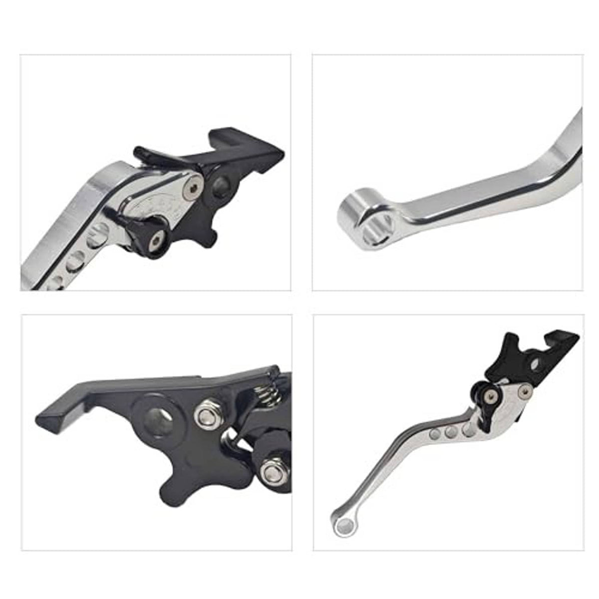 Silver motorcycle brake and clutch levers with black pivot covers and textured handle ends