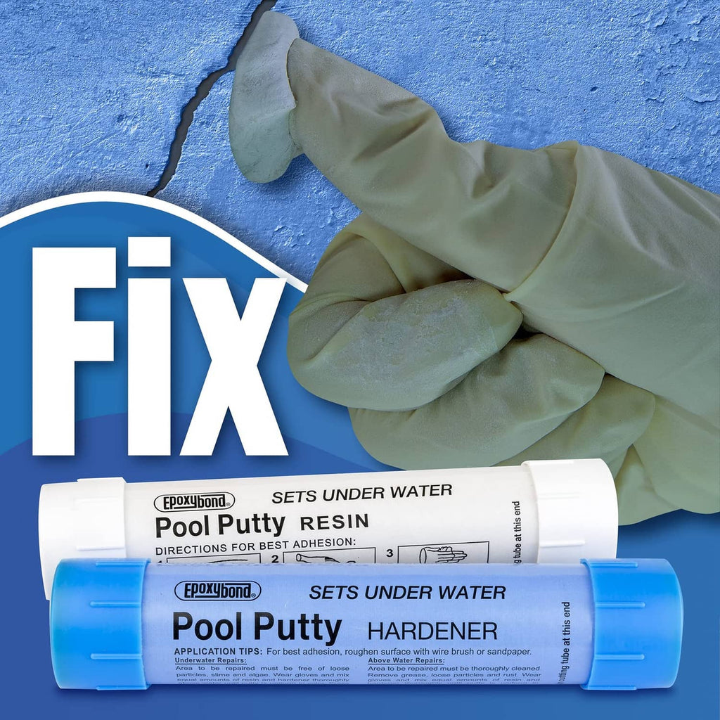 Gloved hands with underwater pool putty resin and hardener tubes for repairs