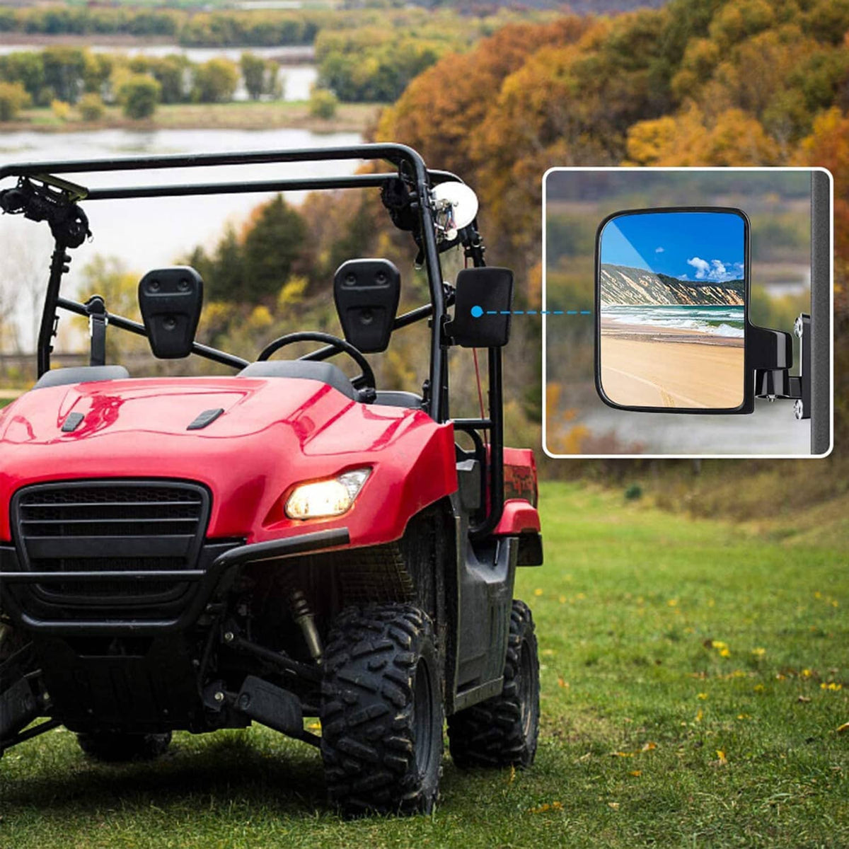 Golf cart side mirror with convex lens mounted near dashboard and handlebars