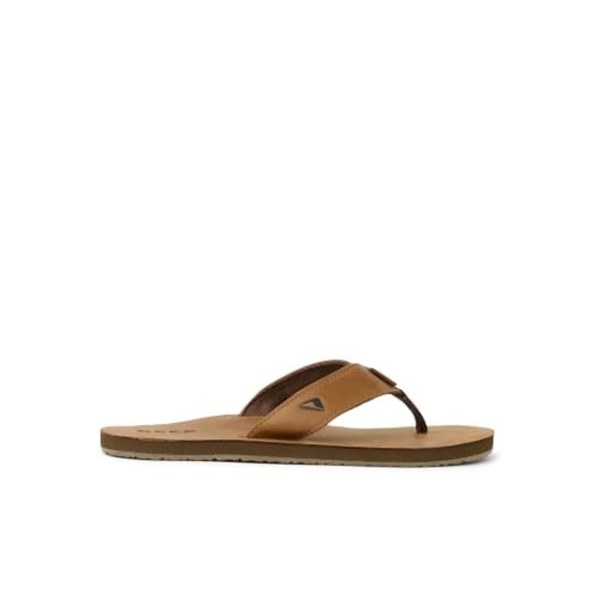 Brown leather flip-flop sandals profile view with single strap across the toe