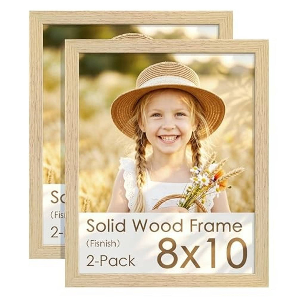 Two natural wood 8x10 picture frames displaying a smiling portrait photo