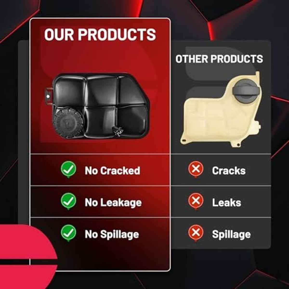 Engine coolant overflow tank comparison showing black reservoir without cracks or leaks