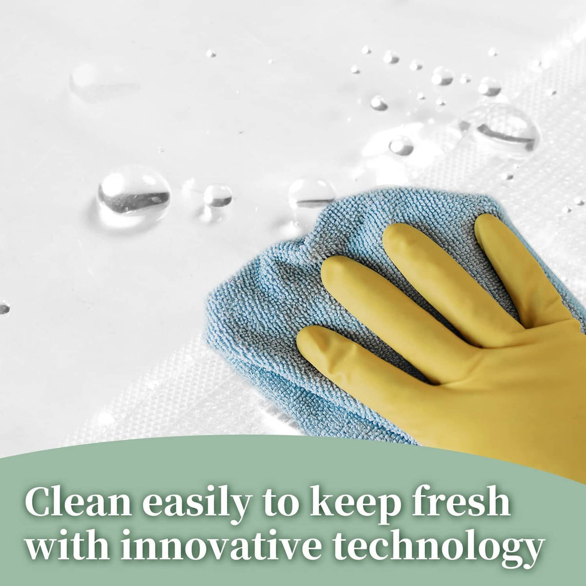 Clear shower curtain liner with water beading texture and smooth surface.
