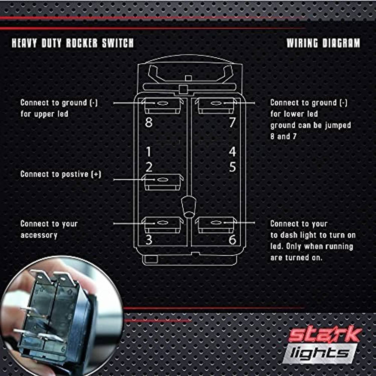 Rocker switch wiring diagram on black perforated backing panel