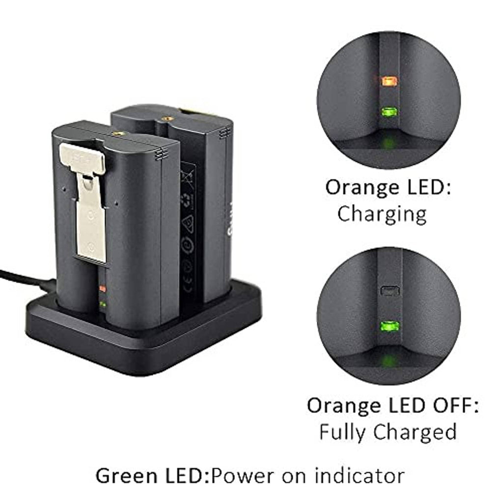 Dual battery charger with base and LED status lights showing charging