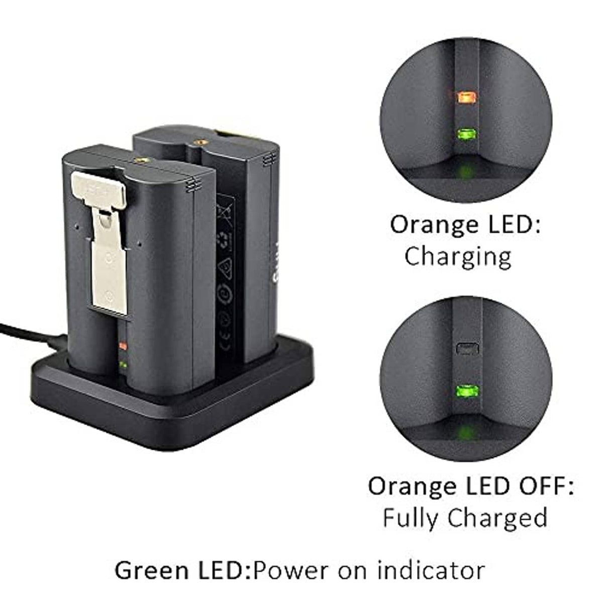 Dual battery charger with base and LED status lights showing charging