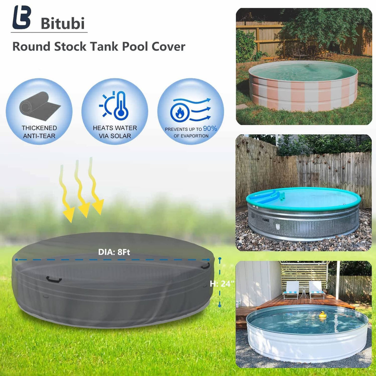 Grey 8 ft round stock tank pool cover with drawstring and corner straps.