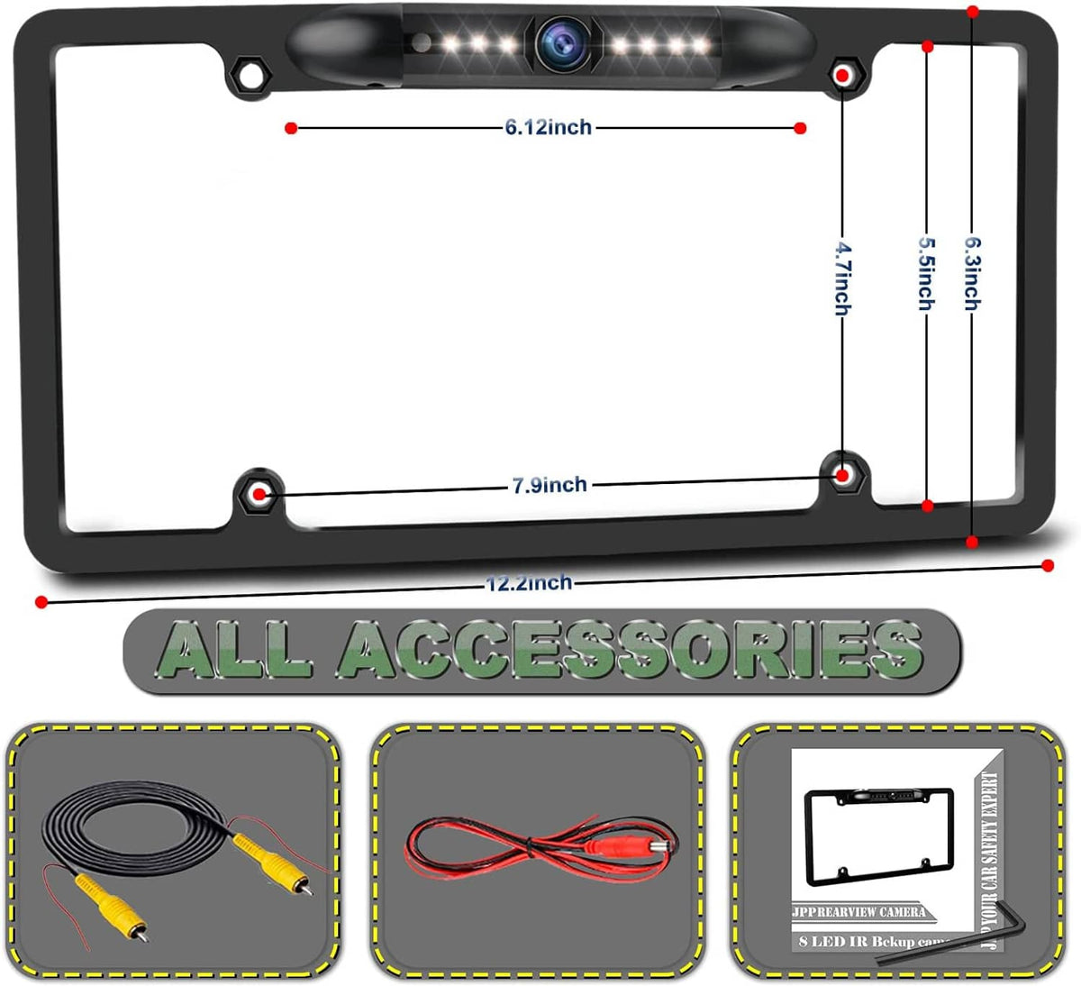 License plate camera frame size guide with mounting hole measurements
