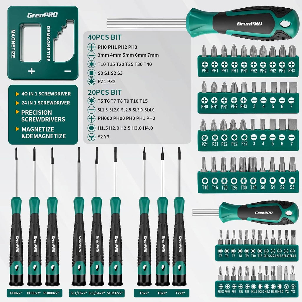 Teal-and-black precision screwdriver set with multiple bit sizes and screwdrivers