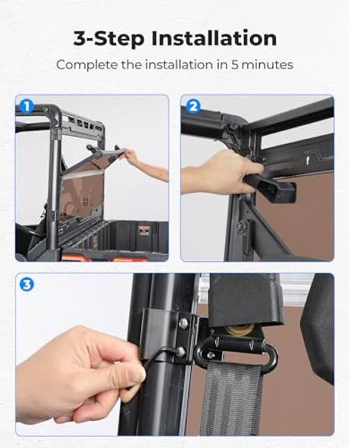 Foldable tinted rear window installation steps with mounting clips