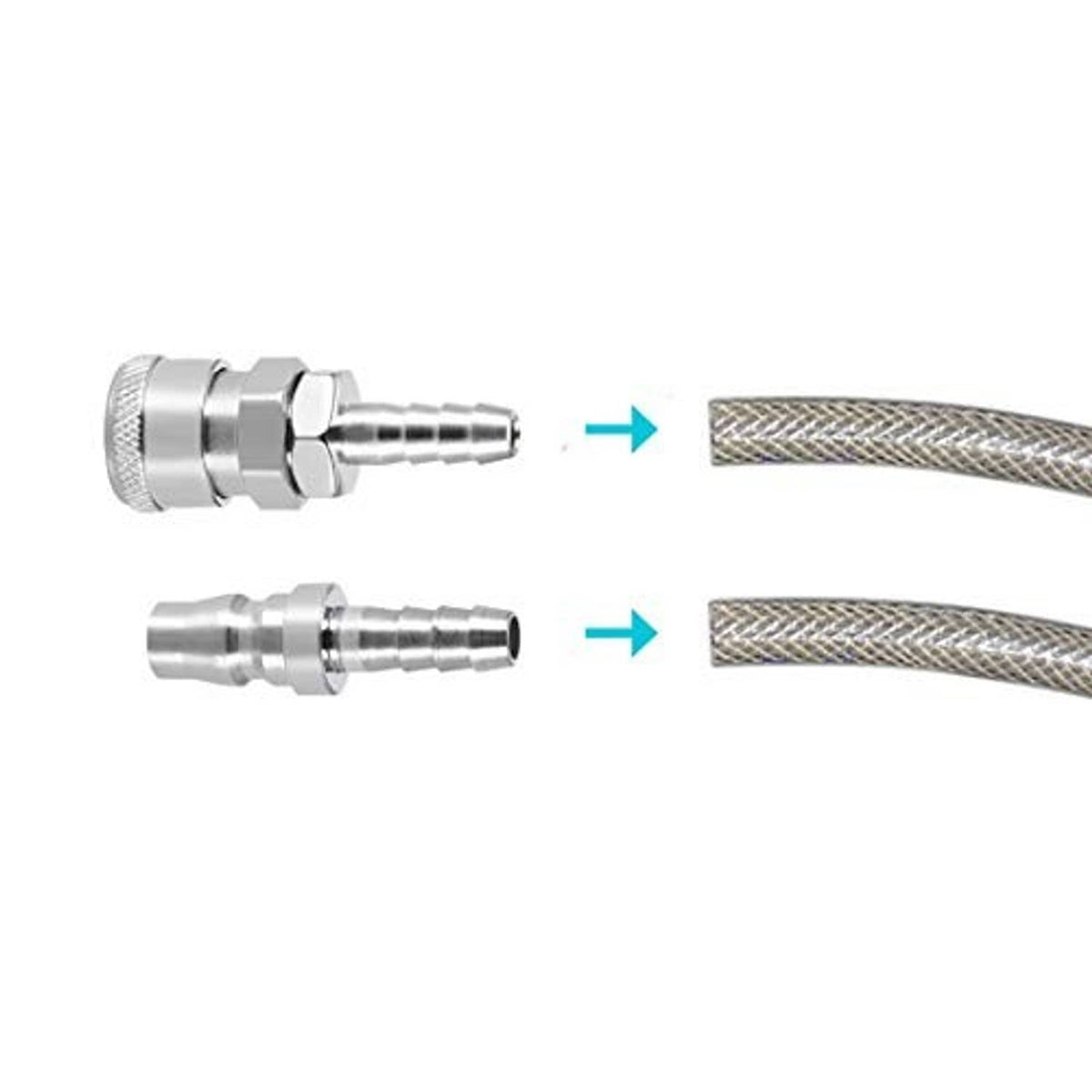 Quick disconnect barb fitting attaching to braided air hose, showing connected ends