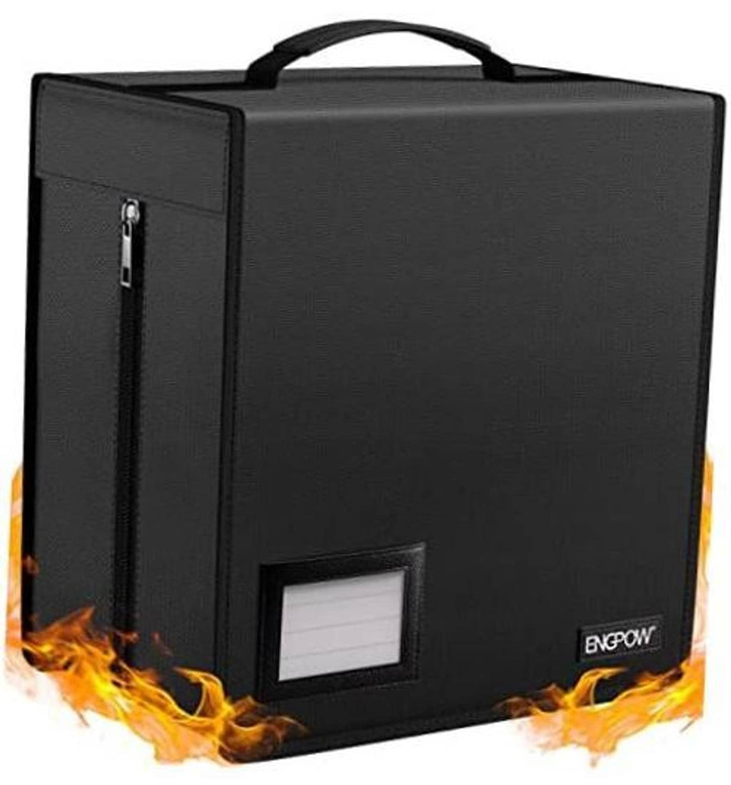 Black fireproof CD/DVD storage case with carry handle and front zip pocket