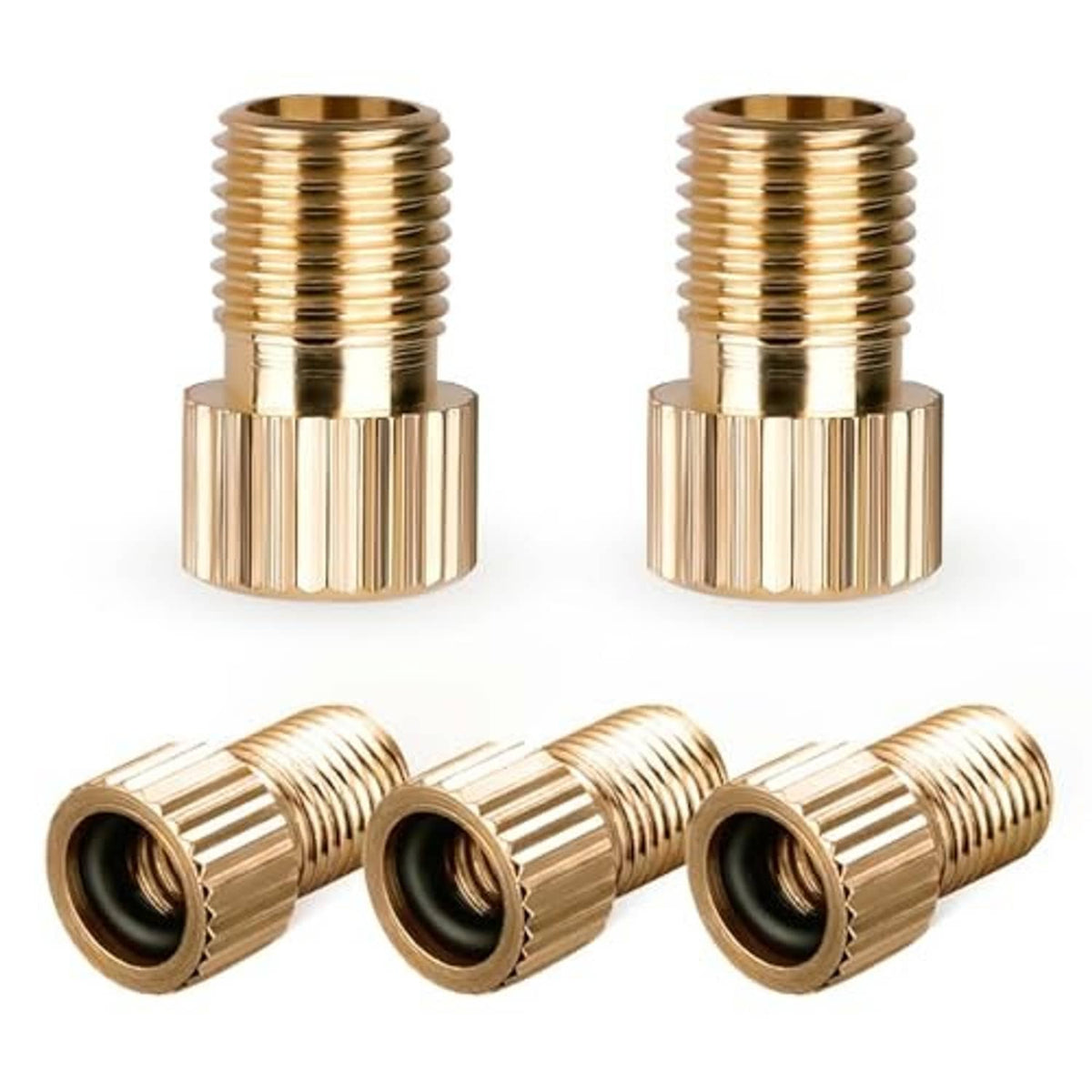 Set of brass Presta-to-Schrader bike valve adapters with three threaded adapters and ports