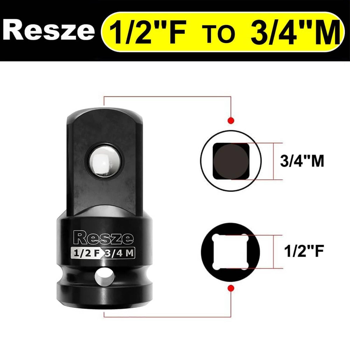 Black socket adapter reducer marked 1/2F to 3/4M, with drive connection hole