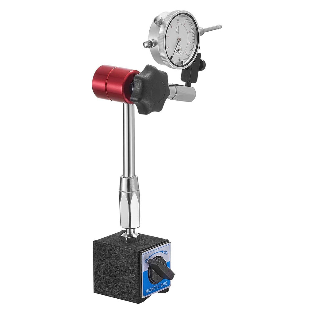 Dial test indicator with magnetic base, metal stem, red knob, and black block base