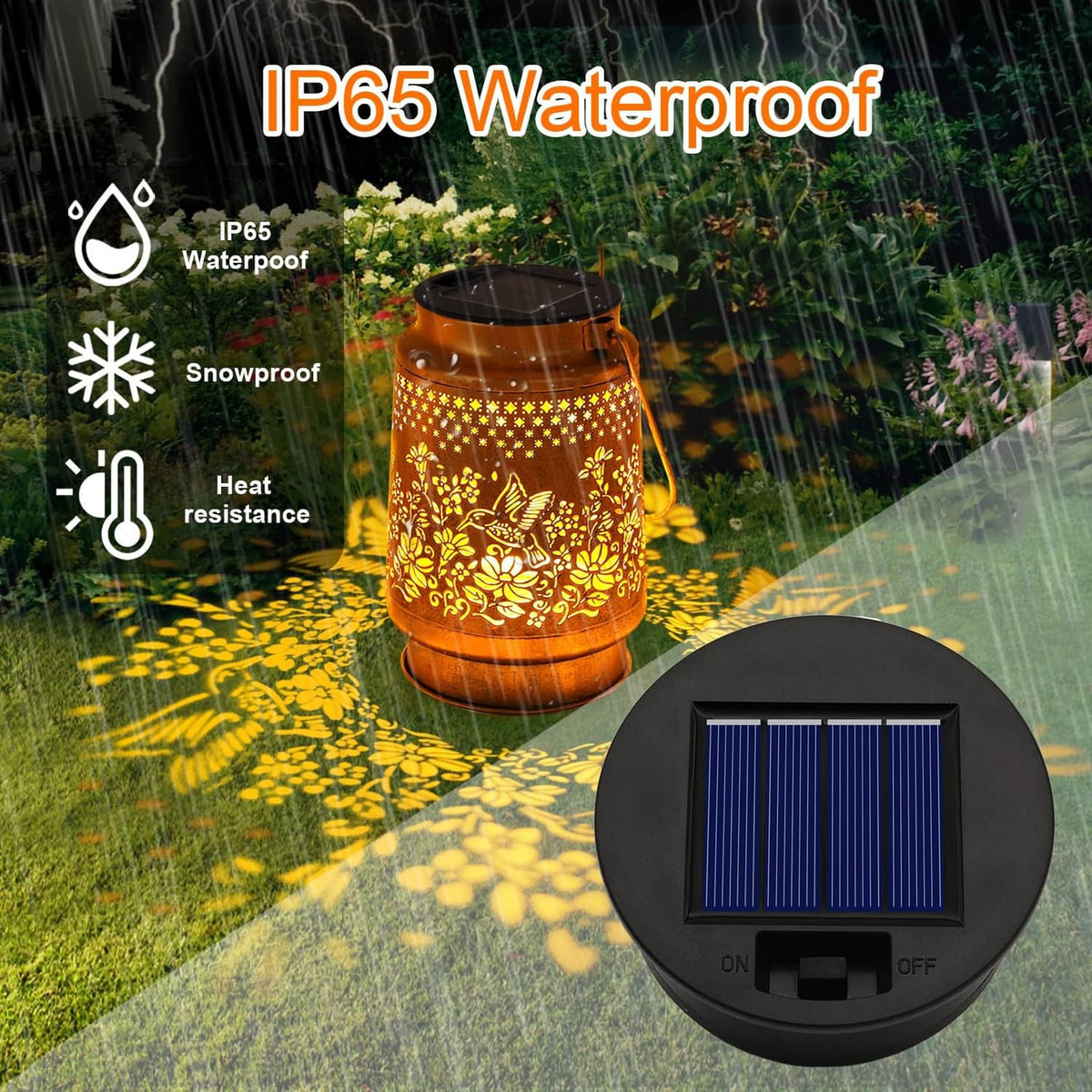Black round solar light replacement top with blue solar panel, ON/OFF switch, warm LED