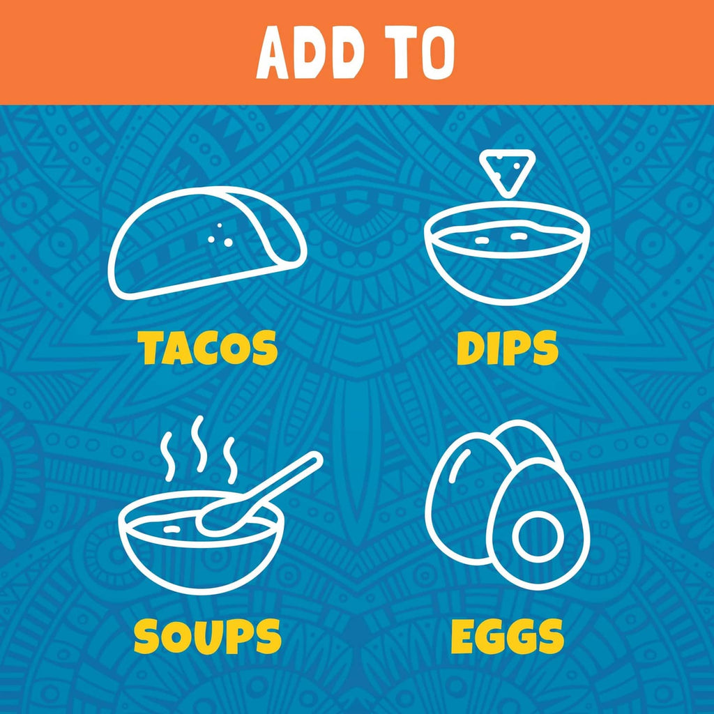 Mild taco sauce promotional graphic with icons for tacos, dips, soups, eggs