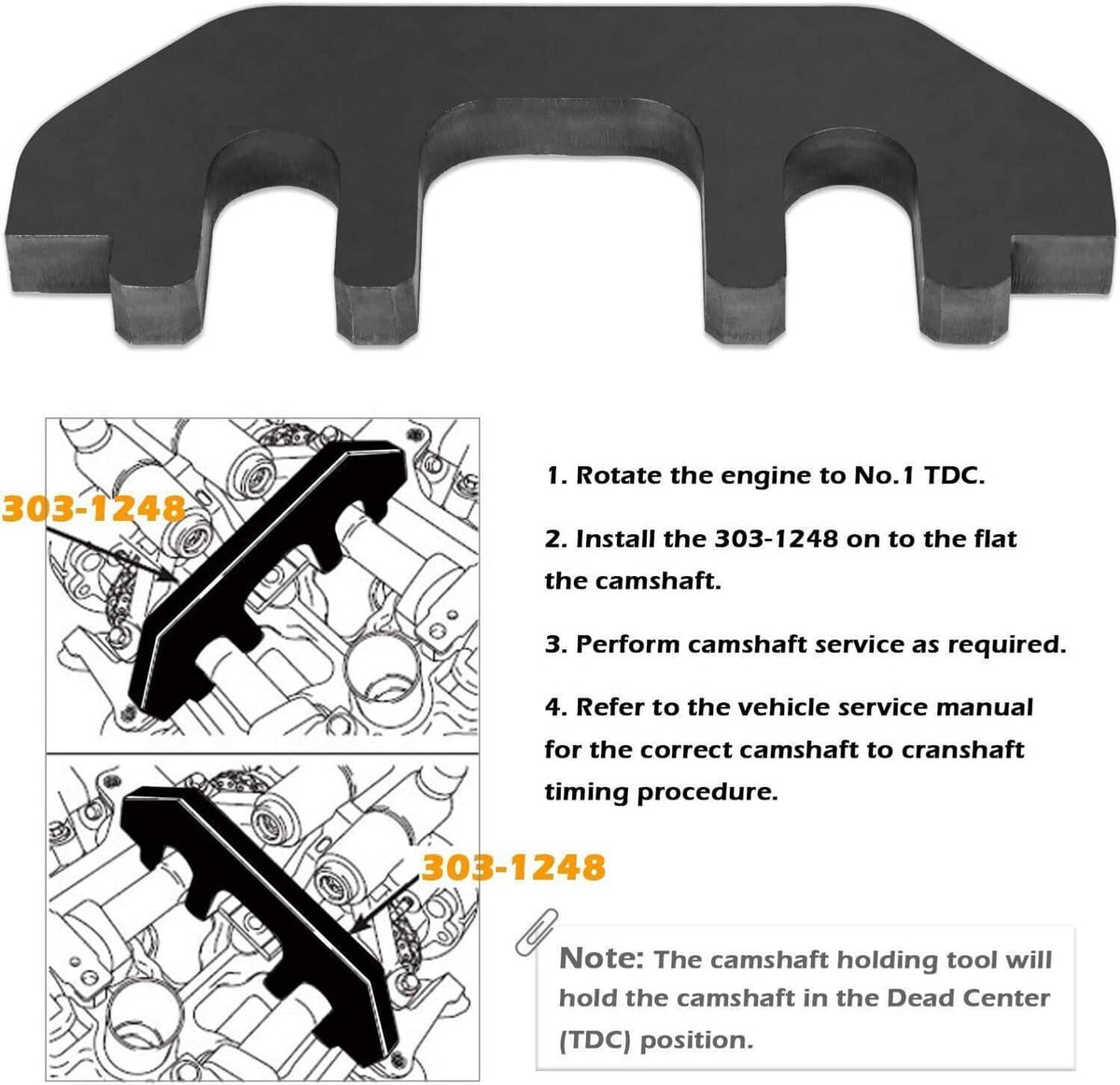 Camshaft holding tool with two end slots plus printed instruction layout