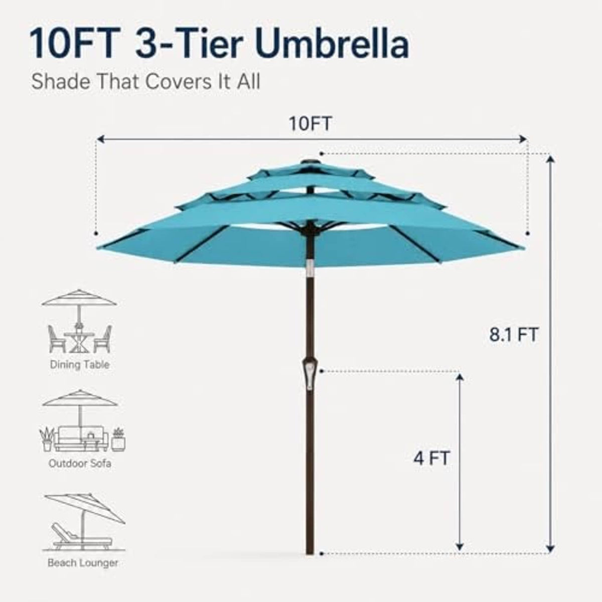 3-tier 10 ft patio umbrella dimension diagram with tall center pole and base