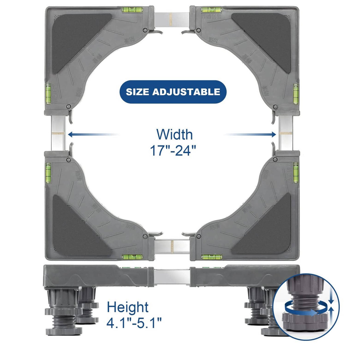 Size-adjustable mini fridge stand with four legs and wide width leveling design