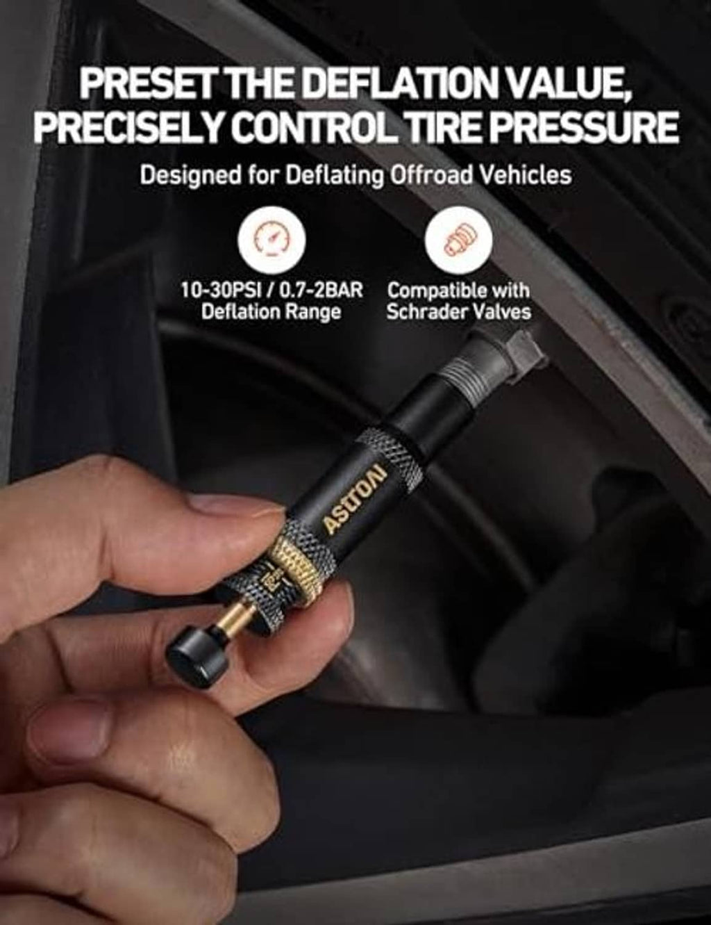 ASTROL tire deflator tool being screwed onto a Schrader valve by hand