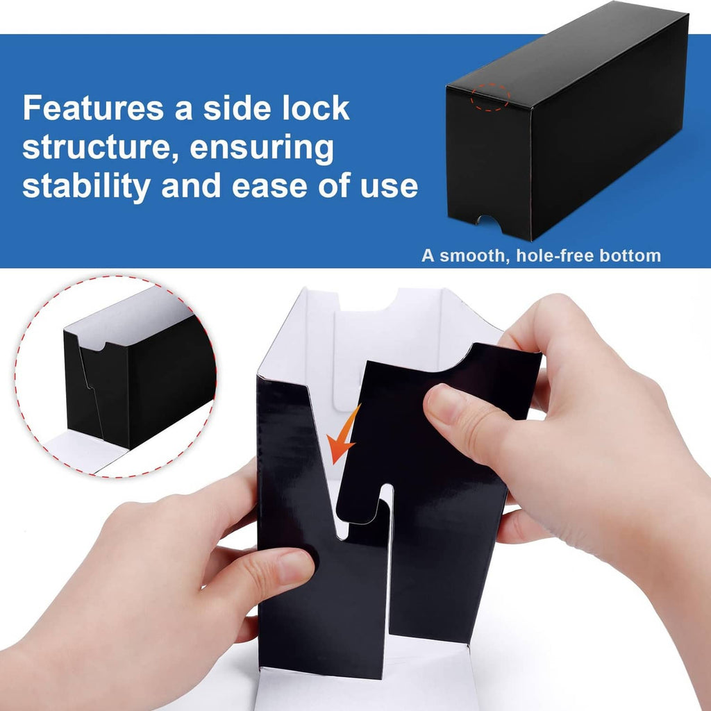 Black trading card storage box with side lock and removable divider inserts